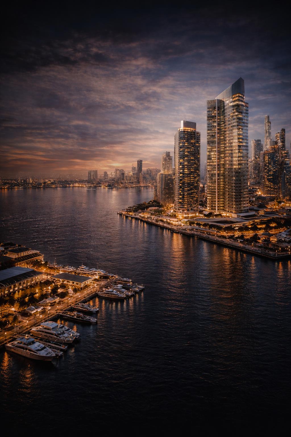 Waterfront luxury building at dusk